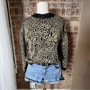 Vintage Floral Black and Shimmer Gold Women's Sweater -Size M -ST03
